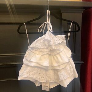 ZARA white cotton broderie anglaise ruffle top tie neck side zip sz m